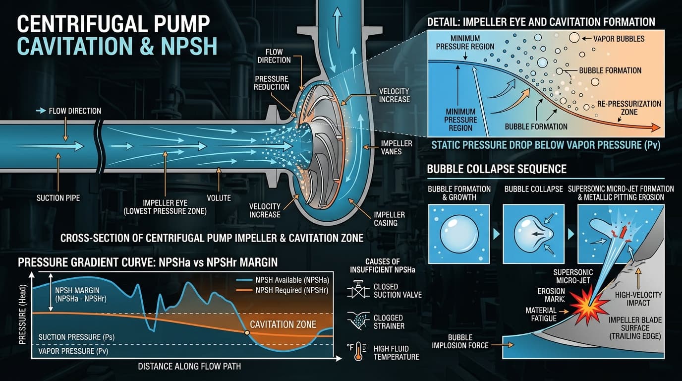 Pump Impeller Cavitation Micro-jet Vapor Bubble Collapse and Pitting Erosion Infographic